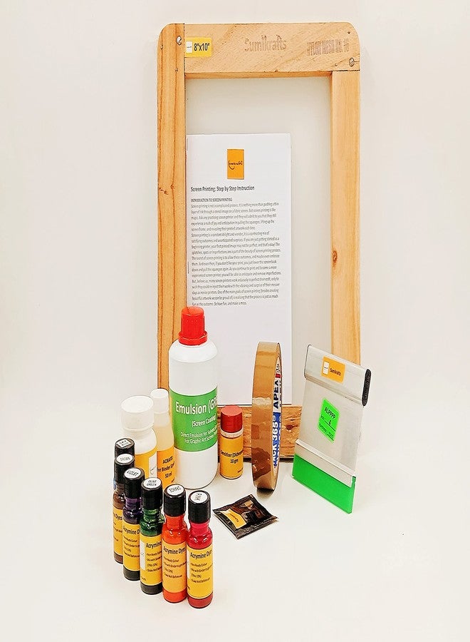 sumikrafts Screen Printing DIY kit for Beginners: Screen Printing Wooden Frame Small 8"x10" pre Stretched mesh no 16(Ready to use)+6 acrymine Dyes(Pigment Ink)(Option 2) - Image 1